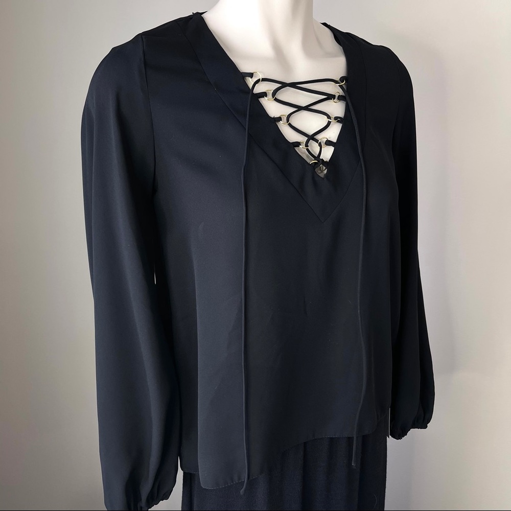 ESSENTIAL blouse ATMOSPHERE top solid black TIE UP FRONT 2  dressy top - Picture 10 of 11